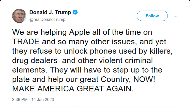 ترامب يهاجم آبل لرفضها فك تشفير هواتف آيفون